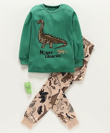 Kookie Kids Full Sleeves Night Suit Nigersaurus Print - Green Beige