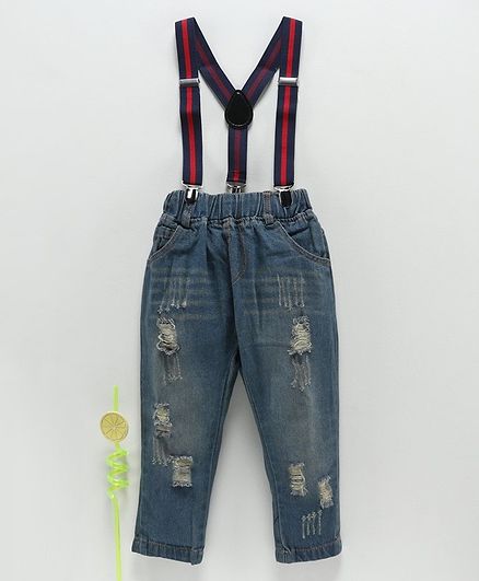 Kookie Kids Full Length Ripped Jeans with Suspenders - Blue