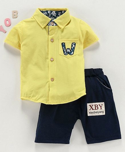 Kookie Kids Short Sleeves Solid Color Shirt with Shorts - Yellow Blue