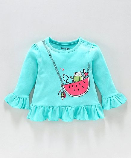 Babyoye Full Sleeves Cotton Top Fruit Print - Teal Blue