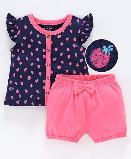 Babyoye Cotton Short Sleeves Top & Shorts Set Strawberry Print - Pink Navy