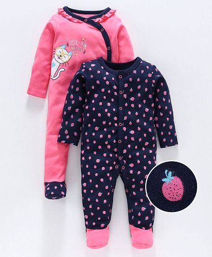 Babyoye Full Sleeves Footed Printed Cotton Sleepsuit Pack of 2 - Pink Navy Blue