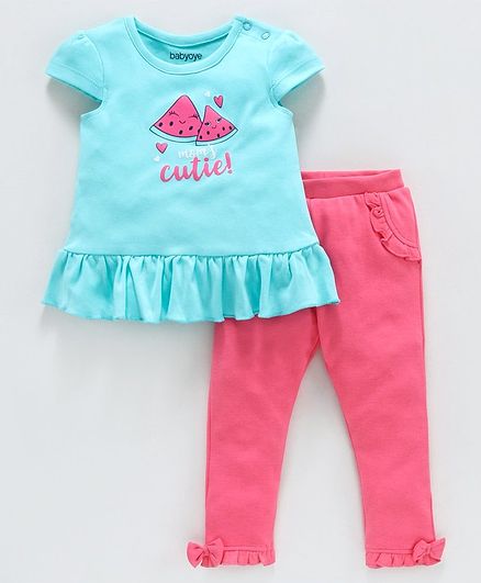 Babyoye Cap Sleeves Cotton Top and Bottom Watermelon Print - Pink Blue
