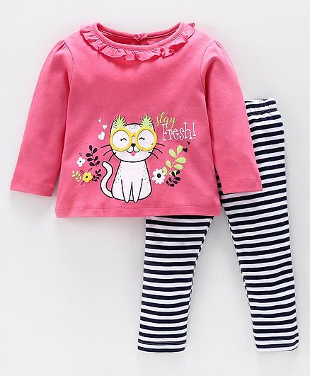 Babyoye Full Sleeves Top and Bottom Set Kitty Print - Pink Blue