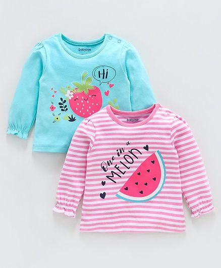Babyoye Full Sleeves Cotton Tops Fruits Print Pack of 2 - Blue Pink