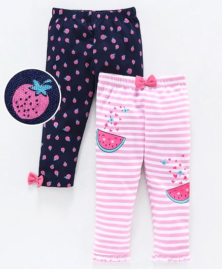 Babyoye Full Length Cotton Leggings Striped & Printed Pack of 2 - Navy Blue Pink