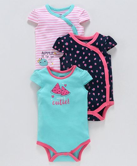 Babyoye Cotton Cap Sleeves Cotton Onesies Multi Print Pack of 3 - Blue Pink