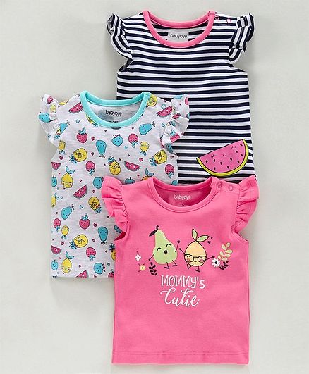 Babyoye Flutter Sleeves T Shirts Fruit Print Pack of 3 - Pink
