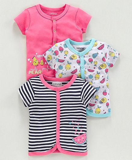 Babyoye Cotton Half Sleeves Jhabla Vest Fruits Print Pack of 3 - Pink Grey Blue