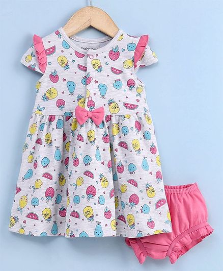 Babyhug Flutter Sleeves Frock with Bloomer Fruit Print - White Pink