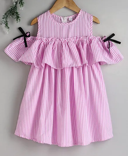 Kookie Kids Cold Shoulder Striped Frock - Pink