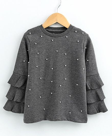 Ventra Full Ruffled Sleeves Pearl Detailed Top - Dark Grey