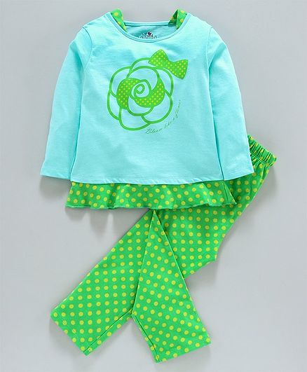 Ventra Full Sleeves Ruffle Detail Flower Print Top With Pyjama - Blue Green