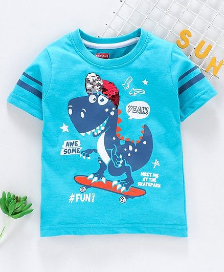 Babyhug Half Sleeves Tee Dino Sequence Detailed - Blue