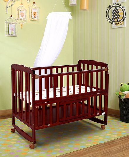 Babyhug Montana Wooden Cot Cum Rocker with Mosquito Net Cherry - Red