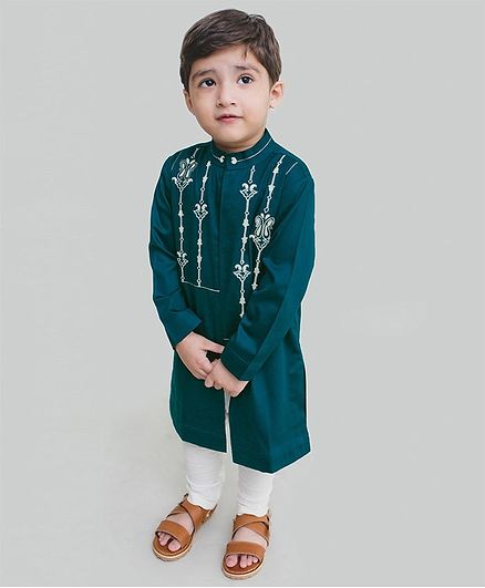Tiber Taber Full Sleeves Embroidery Detailing Kurta & Pajama Set - Green & White