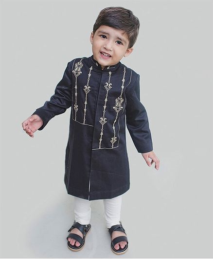 Tiber Taber Full Sleeves Embroidery Detailing Kurta & Pajama Set - Black & White