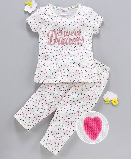 Smarty Half Sleeves Night Suit Heart Print - White Cream