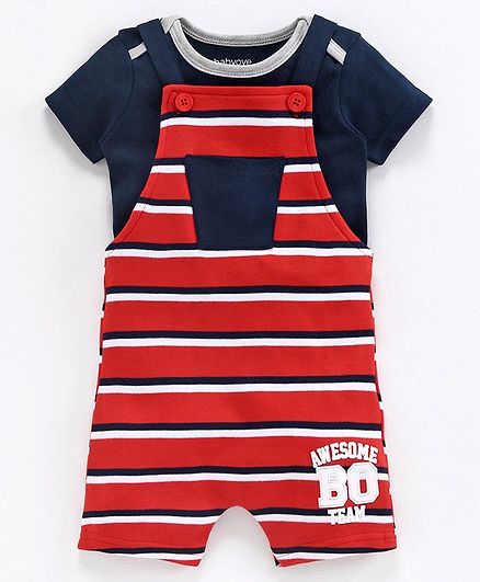 Babyoye Cotton Striped Dungaree with Inner Tee - Red Blue