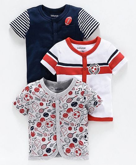 Babyoye Half Sleeves Cotton Vest Ball Print Pack of 3 - Navy White Grey
