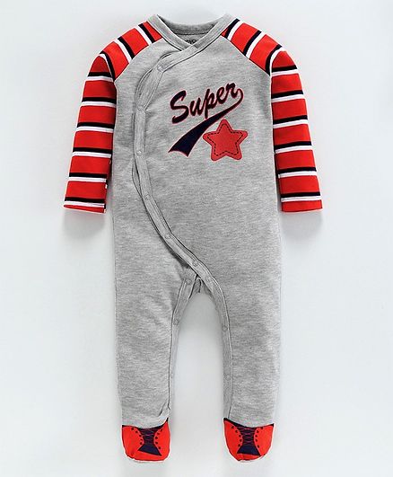 Babyoye Full Sleeves Footed Cotton Sleep Suit Text Print - Grey Red