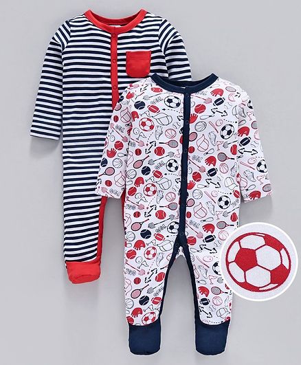 Babyoye Full Sleeves Cotton Footed Sleepsuits Printed & Striped Pack of 2 - White Multicolor