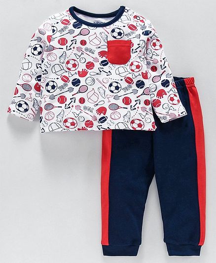 Babyoye Full Sleeves Cotton Tee & Track Pant Sport Print - White Navy Blue