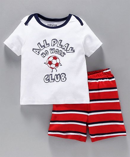 Babyoye Half Sleeves Cotton Tee & Shorts Text Print - White Red