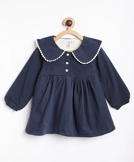 Kids On Board Full Sleeves Peter Pan Collared Neck Fleece Dress - Navy Blue