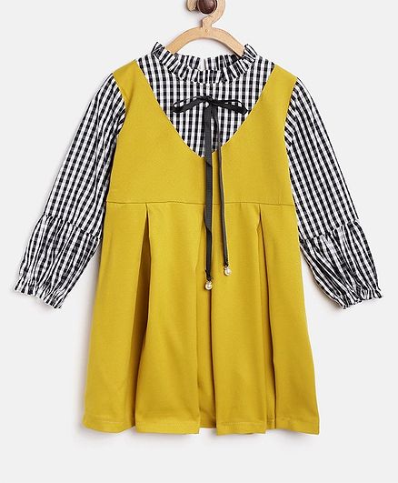 Kids On Board Full Sleeves Pinafore Style Checked Dress - Yellow