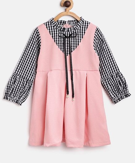 Kids On Board Full Sleeves Pinafore Style Checked Dress - Pink