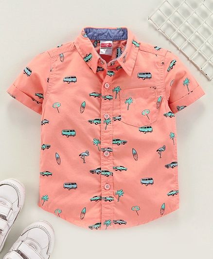 Babyhug Half Sleeves Shirt Vehicle Print - Peach