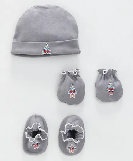 Ben Benny Cap Mitten & Booties Set Rocket Print - Grey