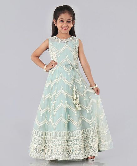 Enfance Sleeveless Flower Embroidered Flared One Piece Gown - Green