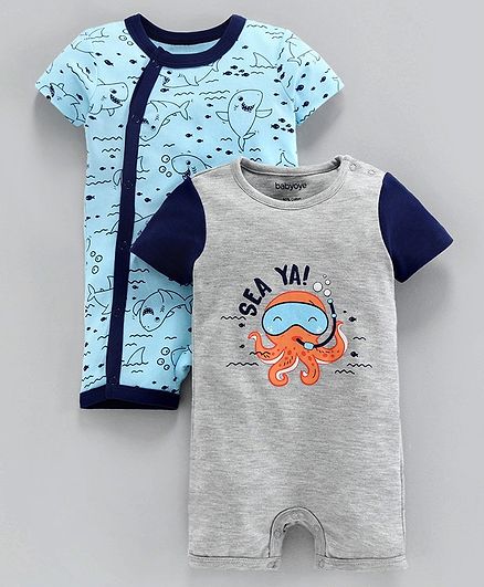 Babyoye Cotton Half Sleeves Rompers Multi Print - Blue Grey