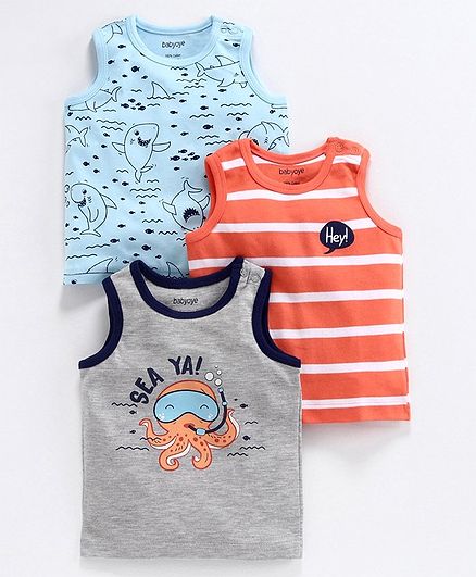 Babyoye Sleeveless Cotton Tees Shark Print Pack of 3 - Grey Blue Orange