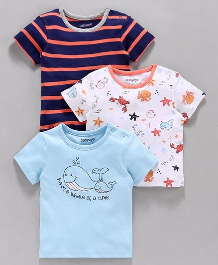 Babyoye Half Sleeves Cotton Tee Pack of 3 - Blue White