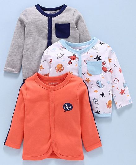Babyoye Cotton Printed Full Sleeves Vests Pack of 3 - Grey White