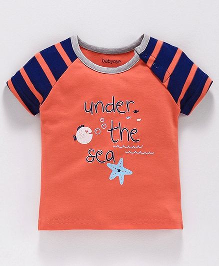 Babyoye Cotton Half Sleeves Tee Text Print - Peach