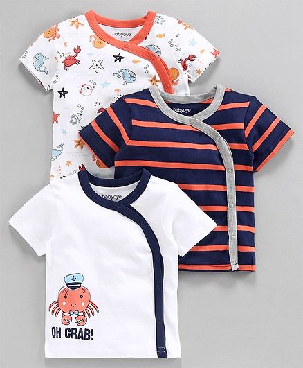Babyoye Cotton Half Sleeves Jhabla Vest Aquatic Print - White Navy Orange