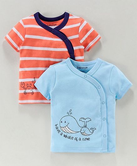 Babyoye Half Sleeves Cotton Printed & Striped Vests Pack of 2 - Blue Orange