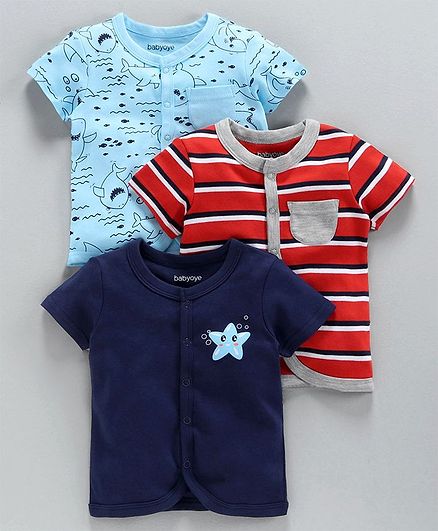 Babyoye Cotton Half Sleeves Printed & Striped Jhabla Vest Pack of 3 - Red Blue