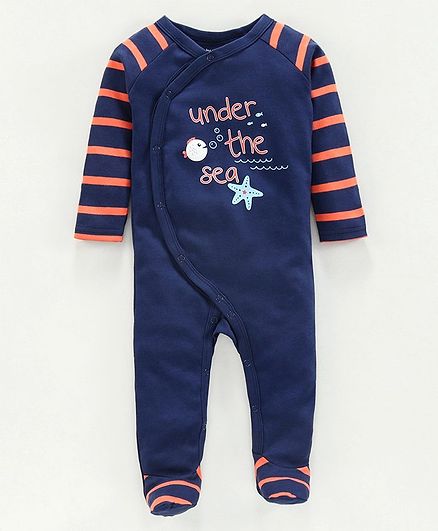 Babyoye Full Sleeves Cotton Footed Sleepsuit Under Sea Print - Blue