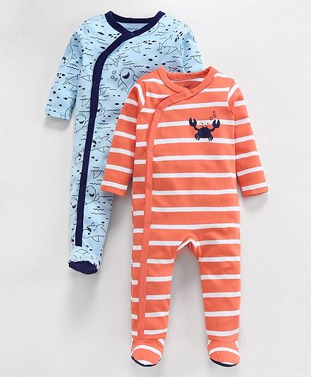 Babyoye Cotton Full Sleeves Sleepsuit Shark Print Pack of 2 - Blue Peach