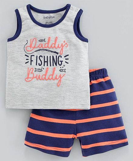 Babyoye Sleeveless Tee & Shorts Text Print - Grey Blue