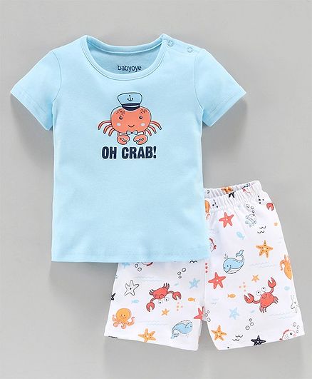 Babyoye Cotton Half Sleeves Tee & Shorts Set Crab Print - Blue White