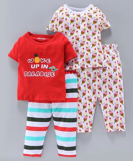 Mom's Love Half Sleeves Tees And Pajamas Text & Flamingo Print Pack of 2 - Red White