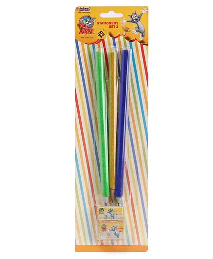 Tom & Jerry Velvet Coated Pencils with Sharpener & Eraser Pack of 3 - Yellow Green Blue