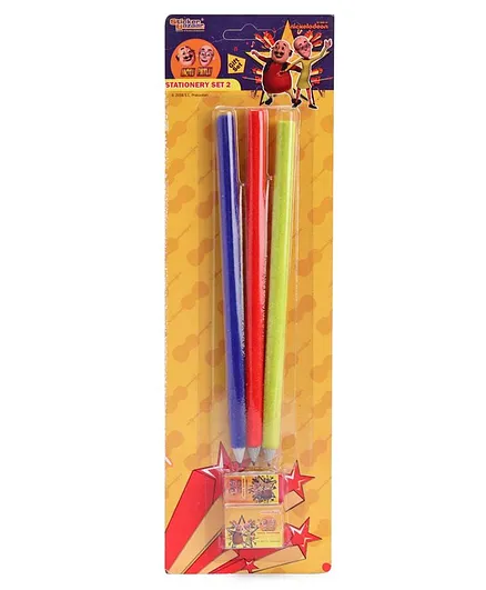 Motu Patlu Velvet Coated Pencils with Sharpener & Eraser Pack of 3 - Red Green Blue