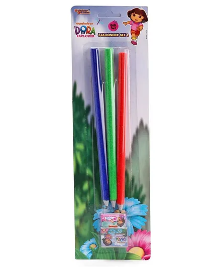 Dora Velvet Coated Pencils with Sharpener & Eraser Red Green Blue - 3 Pieces
